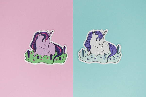 Purple and Grey Crystal Unicorn Stickers Side by Side
