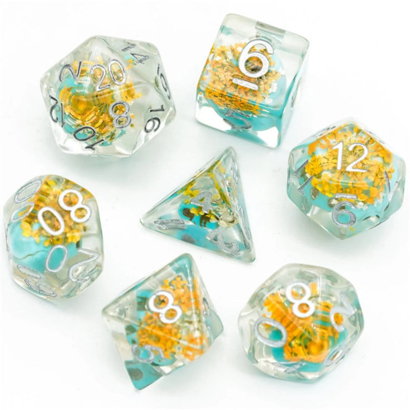 Yellow Flowers with Blue Skulls Dice Set