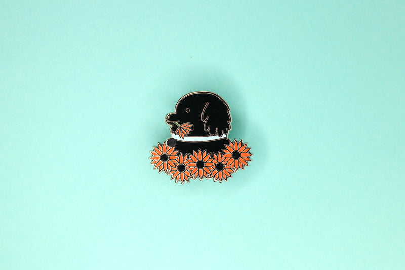 Hard Enamel Pin of Black Lab in Orange Sunflower Field