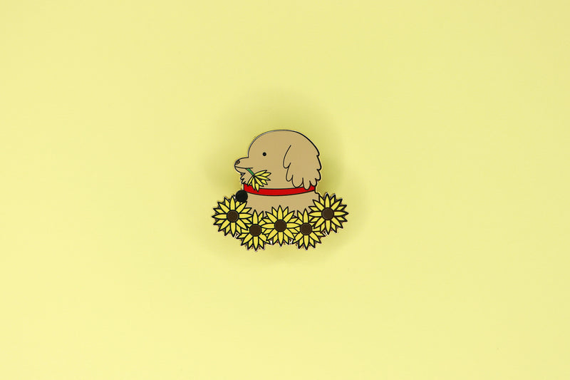 Hard Enamel Pin of Golden Retriever in Sunflowers