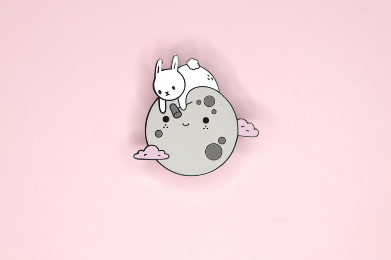 Grey Moon with White Bunny Hard Enamel Pin