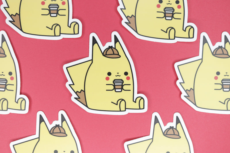 Seven Detective Pikachu Stickers on Red Background
