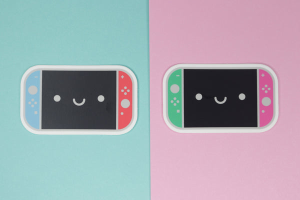 Neon Blue and Neon Red Switch Sticker on Blue Background with Neon Green and Neon Pink Switch Sticker on Pink Background