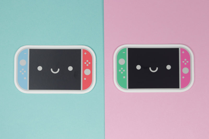 Neon Blue and Neon Red Switch Sticker on Blue Background with Neon Green and Neon Pink Switch Sticker on Pink Background