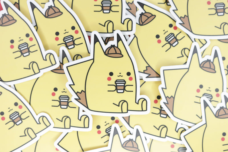 Pile of Detective Pikachu Stickers Showing Pikachu Drinking a Coffee