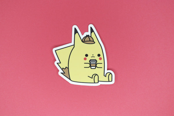 Detective Pikachu Blushing While Holding a Coffee Sticker by Dbl Feature