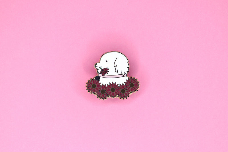 Hard Enamel Pin of Maltese in field of burgundy sunflowers