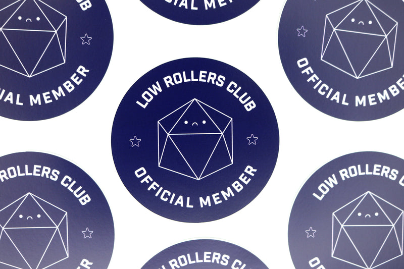 rows of sad d20 low rollers club stickers