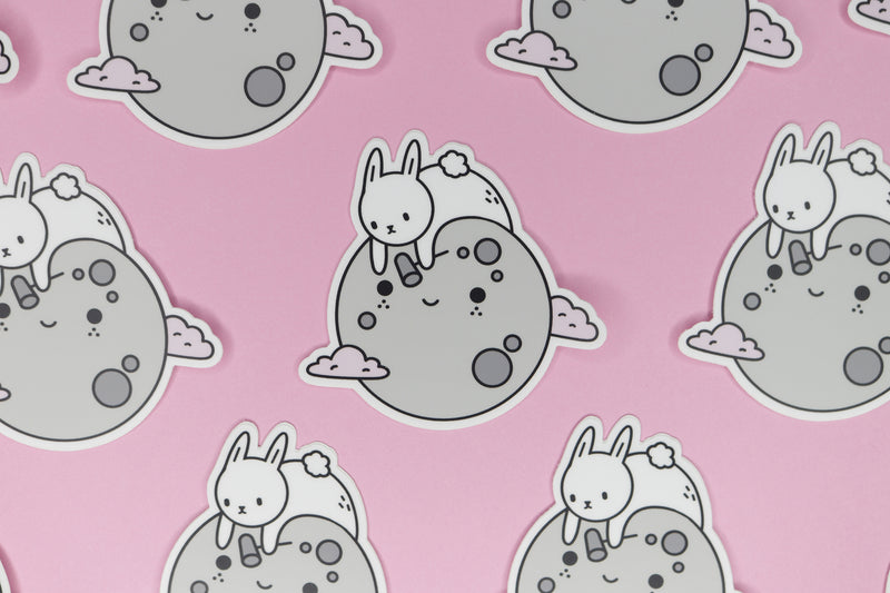 rows of grey white bunnies on grey moons stickers