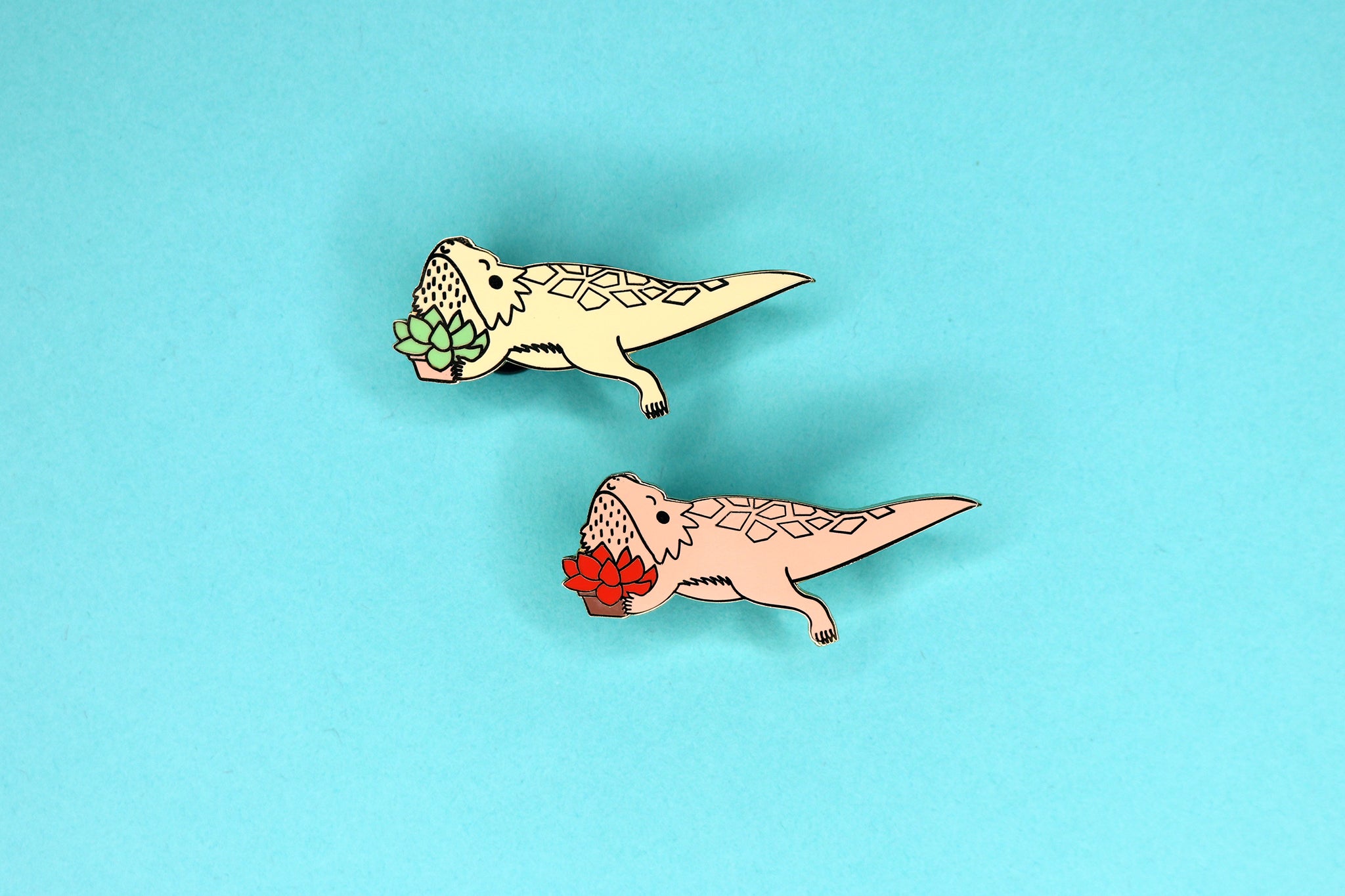 tan and red bearded dragon succulent hard enamel pins