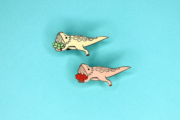 tan and red bearded dragon succulent hard enamel pins