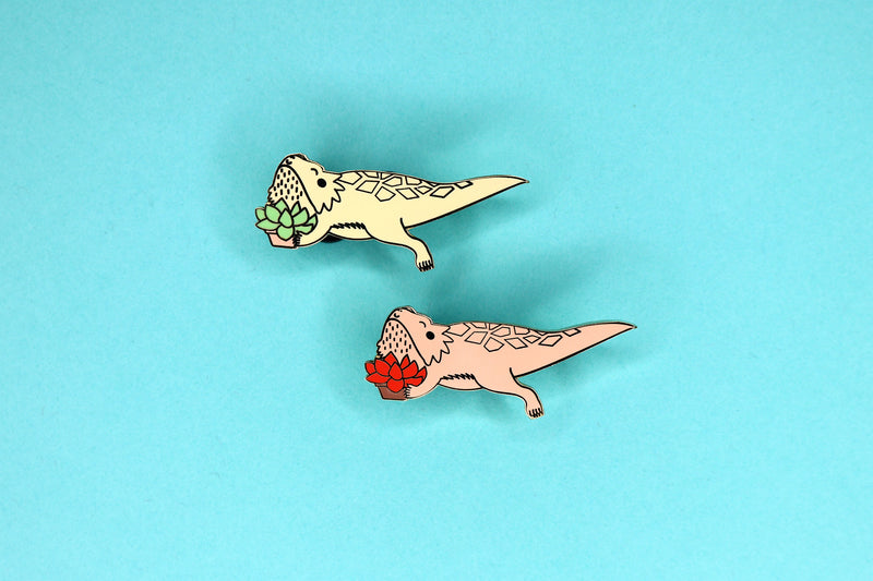 tan and red bearded dragon succulent hard enamel pins