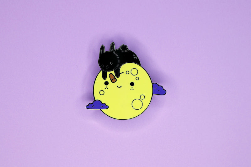 Black Bunny on Yellow Moon Hard Enamel Pin